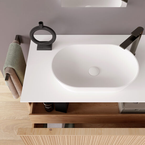 Balmani Forma zwevend badmeubel 120 x 55 cm naturel eiken met Stretto enkel of dubbel wastafelblad in solid surface mat wit, Verticale asymmetrische ronde ribbel