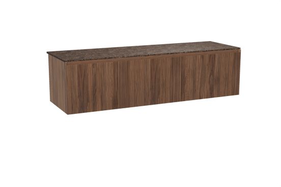 Balmani Fila zwevend badkamermeubel 180 x 55 cm notelaar met Stretto enkel of dubbel tablet in marmer dark emperador, Verticale symmetrische rechte ribbel