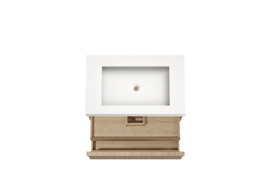 Balmani Forma zwevend badkamermeubel 90 x 55 cm natuur eik met Modus enkele wastafel in solid surface mat wit, Verticale symmetrische rechte ribbel