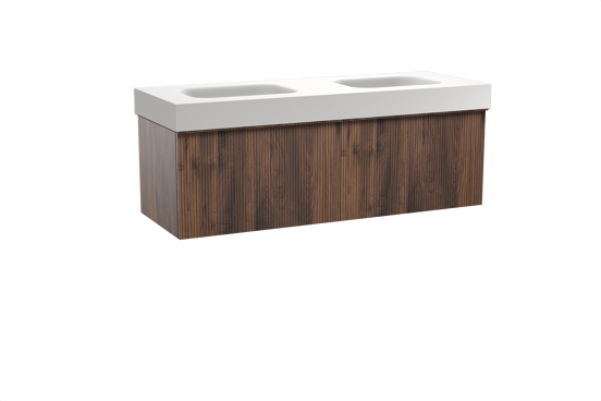 Balmani Forma meuble salle de bains suspendu 150 x 55 cm noyer américain avec Arcato double vasque en solid surface blanc mat, Nervure droite symétrique verticale