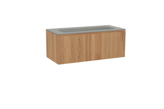 Balmani Idra hängendes Möbelstück Set: 120 x 55 cm, Teak, mit Tablo Strada Einzelwaschtisch für 2 Armaturenlöcher, Marmorkomposit Seidengrau