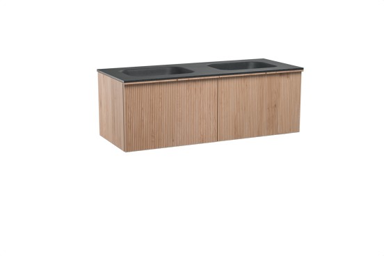 Balmani Forma zwevend badkamermeubel 135 x 55 cm natuur eik met Tablo Arcato dubbele wastafel in graniet zwart, Verticale symmetrische rechte ribbel