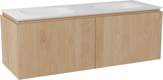 Balmani Eclips zwevend badkamermeubel 150 x 55 cm Natuur eik met Eclips dubbele wastafel in Solid Surface mat wit