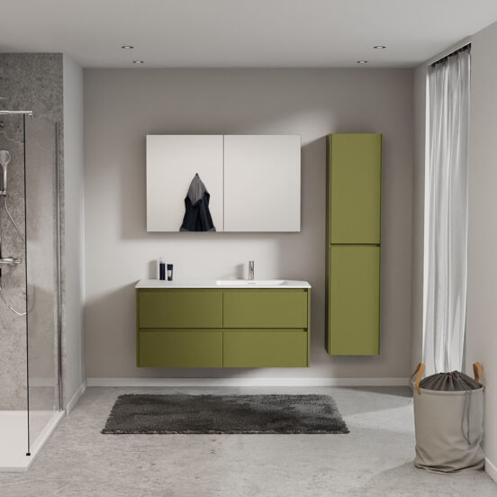Storke Seda meuble salle de bains suspendu 130 x 52 cm vert olive avec Mata vasque asymétrique droite en solid surface blanc mat