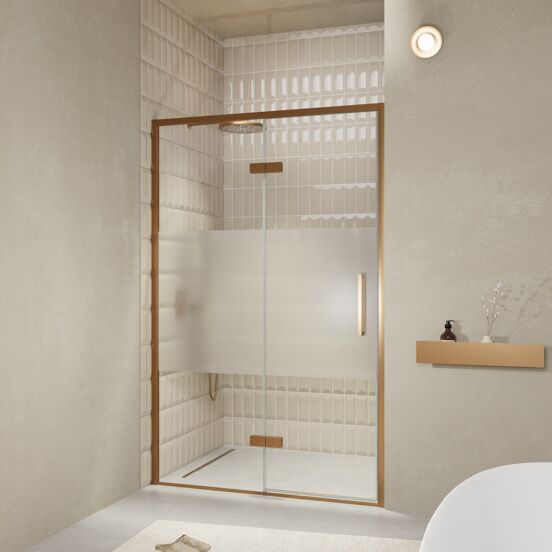Balmani Senses Design douche draaideur links 140 cm x 210 cm Helder glas met matte strook, Brushed Rosegold profielen, met coating