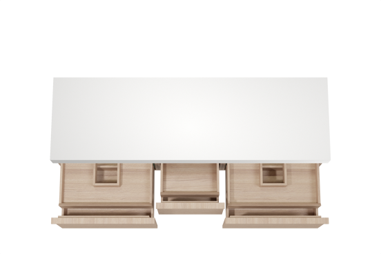 Balmani Forma zwevend badmeubel 180 x 55 cm naturel eiken met Dominus enkel of dubbel wastafelblad in solid surface mat wit, Horizontale symmetrische rechte ribbel