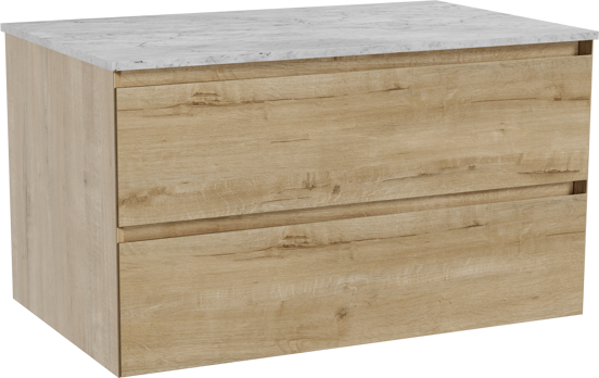 Balmani Mitra hängendes Möbelstück Set: 90 x 55 cm, Rohe Eiche, mit Stretto Einzel Waschtischplatte, Marmor Carrara
