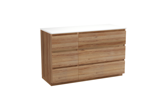 Balmani Lucida staand badkamermeubel 135 x 55 cm teak met Stretto enkel of dubbel tablet in solid surface mat wit