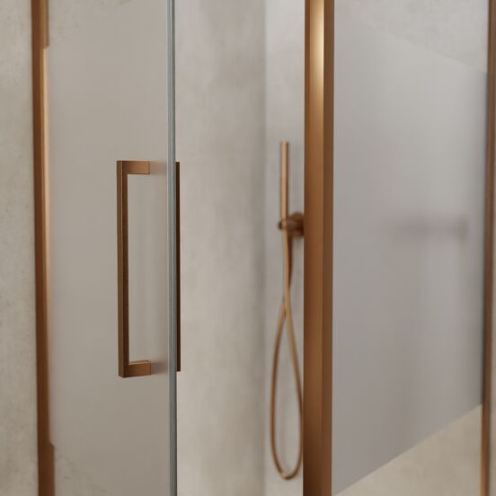 Balmani Senses Design douchehoek met linkse draaideur en vaste zijwand, 90 x 90 cm, Helder glas met matte strook, Brushed Rosegold profielen