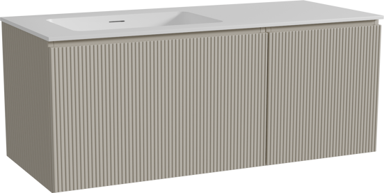 Storke Ribs meuble salle de bains suspendu 120 x 52 cm soie grise avec Mata plan vasque asymétrique à gauche en solid surface blanc mat, Nervure droite symétrique verticale