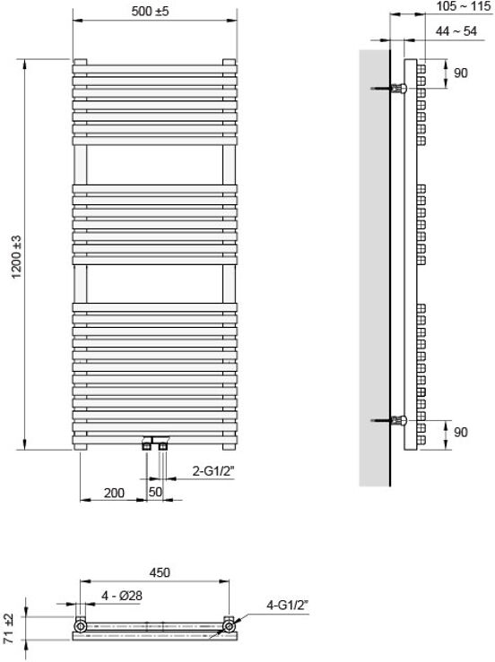 Vipera Vesuvio einzel Handtuchheizkörper 50 x 120 cm elektrische Heizung schwarz matt Seiten- und Mittelanschluss 808W, inkl. Widerstand, nicht für Deutschland geeignet