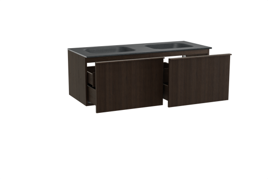 Balmani Forma meuble salle de bains suspendu 135 x 55 cm chêne fumé avec Tablo Arcato double vasque en granit noir, Nervure droite symétrique verticale