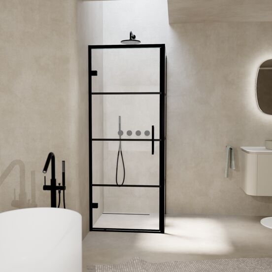 Balmani Senses Design douche en coin avec porte pivotante à gauche et paroi latérale fixe, 90 x 100 cm, Lined, Profil noir