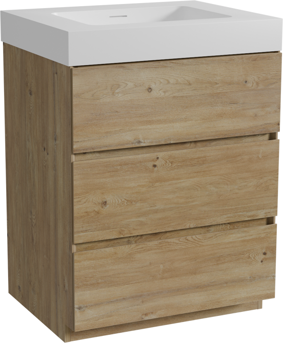 Storke Edge freistehendes Möbelstück Set: 65 x 52 cm, Rohe Eiche, mit Mata High Einzelwaschtisch, Solid Surface Weiß matt
