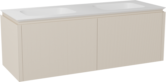 Balmani Eclips zwevend badkamermeubel 150 x 55 cm Sandbeige met Eclips dubbele wastafel in Solid Surface mat wit, Verticale symmetrische rechte ribbel