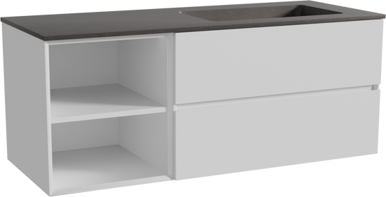 Storke Edge zwevend badmeubel 130 x 52 cm mat wit met Scuro asymmetrisch rechtse wastafel in kwarts mat zwart