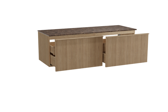Balmani Forma zwevend badkamermeubel 150 x 55 cm natuur eik met Stretto enkel of dubbel tablet in marmer dark emperador, Verticale symmetrische rechte ribbel