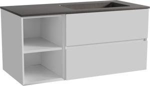 Storke Edge zwevend badkamermeubel 110 x 52 cm glanzend wit met Scuro asymmetrisch rechtse wastafel in kwarts mat zwart