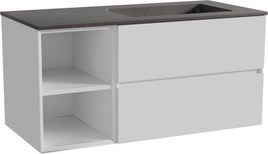 Storke Edge meuble salle de bains suspendu 110 x 52 cm blanc brillant avec Scuro vasque asymétrique droite en quartz noir mat