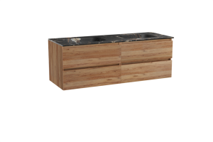 Balmani Lucida zwevend badkamermeubel 150 x 55 cm teak met Tablo Arcato dubbele wastafel in marmer portoro gold