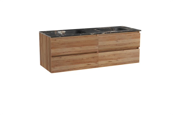 Balmani Lucida meuble salle de bains suspendu 150 x 55 cm teck avec Tablo Arcato double vasque en marbre portoro gold