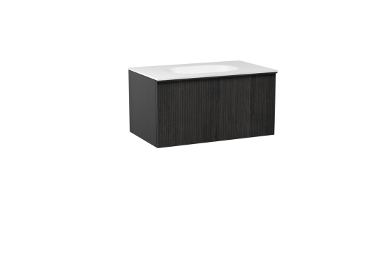 Balmani Forma zwevend badkamermeubel 90 x 55 cm zwarte eik met Tablo Oval enkele wastafel in solid surface mat wit, Verticale symmetrische rechte ribbel