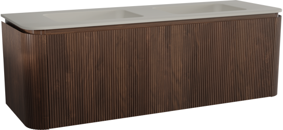 Balmani Moon hängendes Möbelstück Set: 160 x 55 cm, Amerikanischer Nussbaum, mit Moon Doppelwaschtisch, Top Solid, Seidengrau, Vertikale symmetrische gerade Rippe