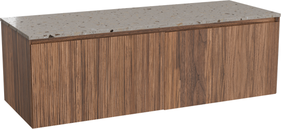 Balmani Fila zwevend badkamermeubel 150 x 55 cm notelaar met Stretto enkel of dubbel tablet in terrazzo greige terrazzo, Verticale symmetrische rechte ribbel