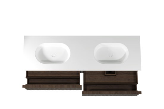 Balmani Forma zwevend badkamermeubel 180 x 55 cm gerookte eik met Tablo Oval dubbele wastafel in solid surface mat wit, Verticale symmetrische rechte ribbel