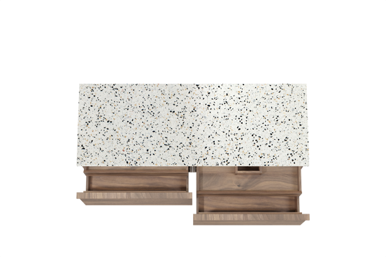 Balmani Forma hängendes Möbelstück Set: 150 x 55 cm, Amerikanischer Nussbaum, mit Stretto Einzel- oder Doppel Waschtischplatte, Terrazzo in Weiß/Schwarz matt, Horizontale symmetrische gerade Rippe