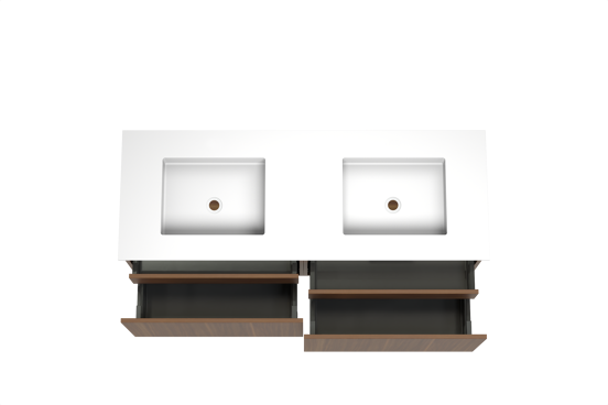 Balmani Sfera hängendes Möbelstück Set: 150 x 55 cm, Amerikanischer Nussbaum, mit Tablo Stretto Doppelwaschtisch, Solid Surface Weiß matt