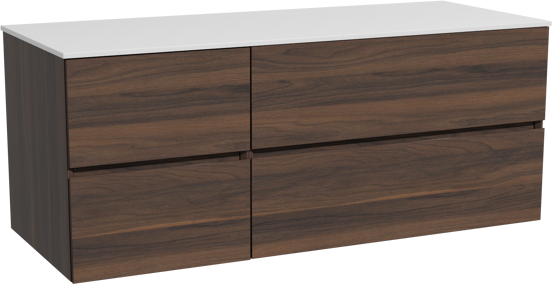 Storke Edge zwevend badmeubel 130 x 52 cm notenhout met Tavola enkel of dubbel wastafelblad in solid surface mat wit