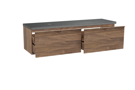 Balmani Forma hängendes Möbelstück Set: 180 x 55 cm, Amerikanischer Nussbaum, mit Rock Doppel Waschtischplatte, Granit, Schwarzes Granit, Horizontale symmetrische gerade Rippe