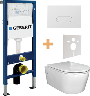 WC Set: Luca Varess Zeno Hänge WC, Weiß glänzend, spülrandlos, Geberit Duofix UP100 Delta Spülkasten mit Luca Varess Betätigungsplatte