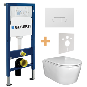 WC Set: Luca Varess Zeno Hänge WC, Weiß glänzend, spülrandlos, Geberit Duofix UP100 Delta Spülkasten mit Luca Varess Betätigungsplatte