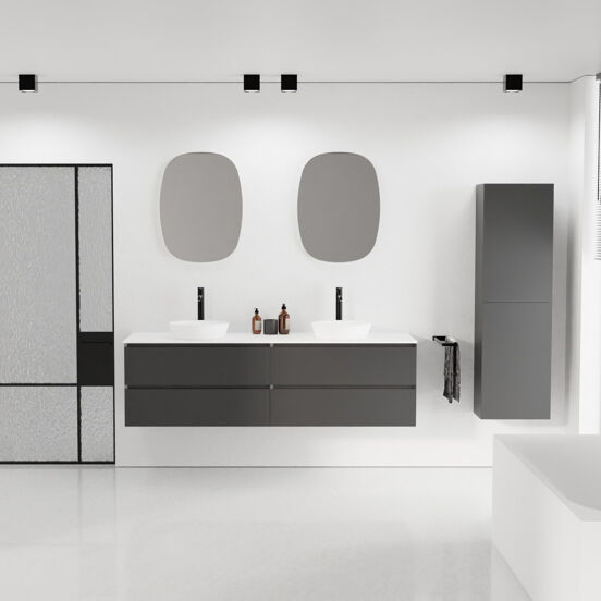 Balmani Mitra meuble salle de bains suspendu 180 x 55 cm noir mat avec Stretto tablette simple ou double en solid surface blanc mat