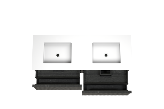Balmani Forma meuble salle de bains suspendu 150 x 55 cm chêne noir avec Tablo Stretto double vasque en solid surface blanc mat, Nervure droite symétrique verticale