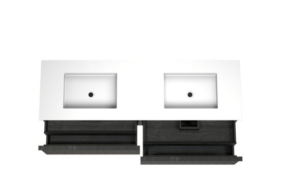 Balmani Forma zwevend badkamermeubel 180 x 55 cm zwarte eik met Tablo Stretto dubbele wastafel in solid surface mat wit, Verticale symmetrische rechte ribbel