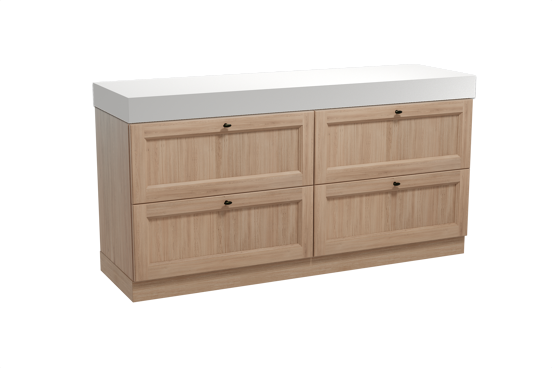 Balmani Lemon freistehendes Möbelstück Set: 180 x 55 cm, Verwitterte Eiche, mit Dominus Einzel- oder Doppel Waschtischplatte, Solid Surface Weiß matt