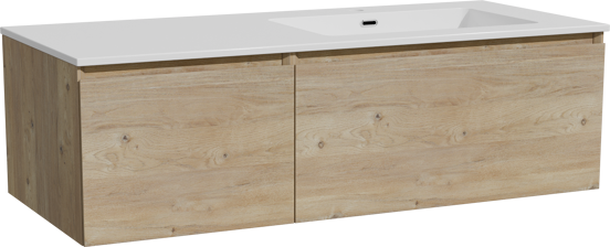 Storke Edge meuble salle de bains suspendu 120 x 52 cm chêne brut avec Diva plan vasque asymétrique à droite en marbre composite blanc brillant