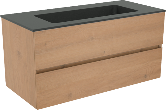 Storke Edge zwevend badkamermeubel 100 x 46 cm ruwe eik met Scuro enkele wastafel in kwarts mat zwart