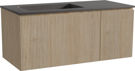 Storke Ribs hängendes Möbelstück Set: 110 x 52 cm, Rohe Eiche, mit Scuro Waschtisch links, Quarz, Schwarz matt, Vertikale symmetrische gerade Rippe