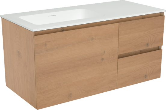 Storke Edge zwevend badkamermeubel 100 x 46 cm ruwe eik met Mata asymmetrisch linkse wastafel in solid surface mat wit