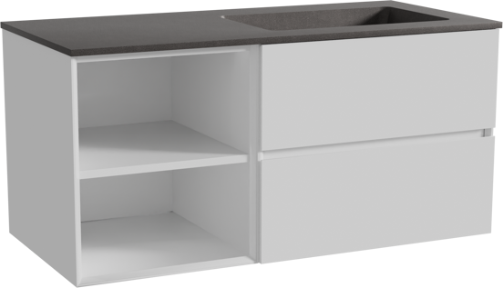 Storke Edge zwevend badmeubel 110 x 52 cm hoogglans wit met Scuro asymmetrisch rechtse wastafel in kwarts mat zwart