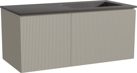 Storke Ribs zwevend badmeubel 110 x 52 cm zijdegrijs met Scuro asymmetrisch rechtse wastafel in kwarts mat zwart, Verticale symmetrische rechte ribbel