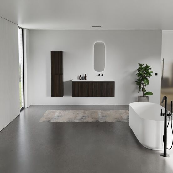 Balmani Sfera hängendes Möbelstück Set: 135 x 55 cm, Eucalyptus, mit Tablo Arcato Waschtisch rechts, Solid Surface Weiß matt