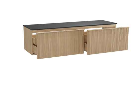 Balmani Forma hängendes Möbelstück Set: 180 x 55 cm, Naturbelassene Eiche, mit Stretto Einzel- oder Doppel Waschtischplatte, Granit, Schwarzes Granit, Vertikale asymmetrische Runde Rippe