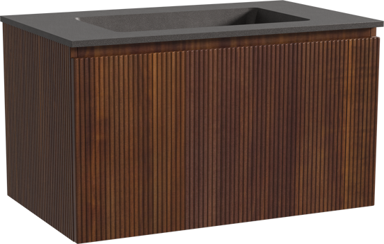 Storke Ribs hängendes Möbelstück Set: 85 x 52 cm, Nussbaum, mit Scuro Einzelwaschtisch, Quarz, Schwarz matt, Vertikale symmetrische gerade Rippe