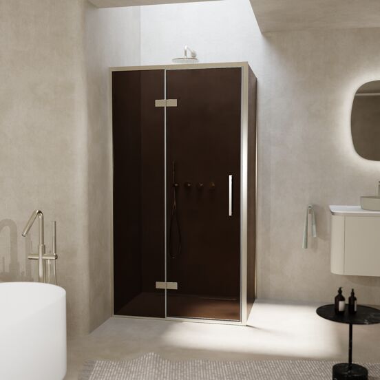 Balmani Senses Design douchehoek met linkse draaideur en vaste zijwand, 100 x 80 cm, Brons, Brushed CoolMetal profielen, met coating