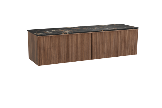 Balmani Forma hängendes Möbelstück Set: 180 x 55 cm, Amerikanischer Nussbaum, mit Stretto Einzel- oder Doppel Waschtischplatte, Marmor, Portoro Gold, Vertikale asymmetrische Runde Rippe
